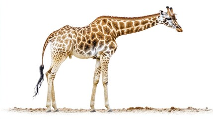 Fototapeta premium A Giraffe Stands on Sandy Ground Against A White Background