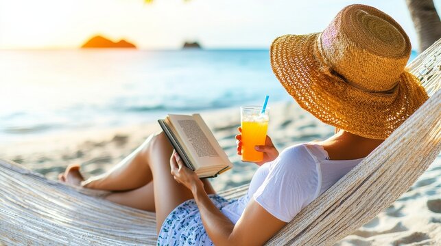 Sun-Kissed Relaxation: A woman escapes the everyday in a tranquil hammock, her hand resting on a book, a refreshing drink beside her. The setting sun bathes the scene in warm, golden light.