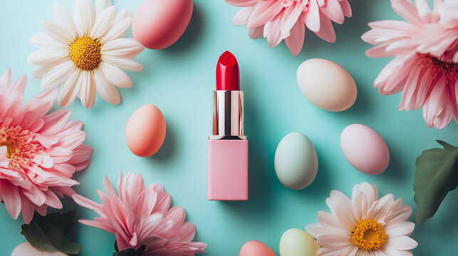 Easter Background with Vibrant Red Lipstick, Pastel-Colored Eggs, and Fresh Daisies on Soft Blue Surface Symbolizing Spring Beauty and Festivity