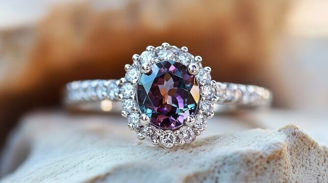 An enchanting ring featuring a color-changing alexandrite gemstone, surrounded by sparkling diamonds on a polished white gold band. Perfect for luxury, jewelry, and mystical fashion designs.