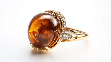 A unique ring showcasing a warm honey-colored amber gemstone, adorned with diamond accents on a smooth gold band. Ideal for natural, vintage-inspired fashion and luxury jewelry designs 