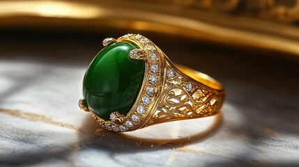 A timeless ring featuring a deep green jade gemstone, accentuated by sparkling diamonds on an...