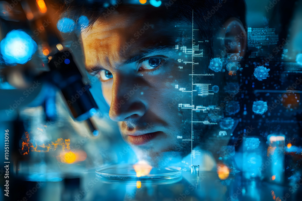 Poster A scientist examines samples through a microscope, surrounded by digital data and visuals.