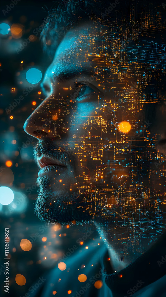 Poster A close-up of a man’s profile overlaid with abstract digital patterns and lights.