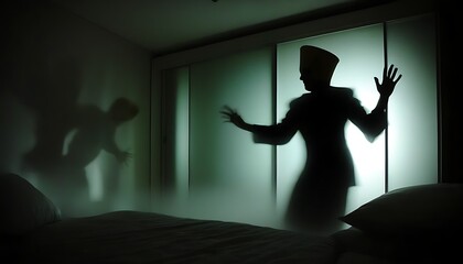 Ghostly silhouette in mysterious shadow, haunted room exudes a dark atmosphere.