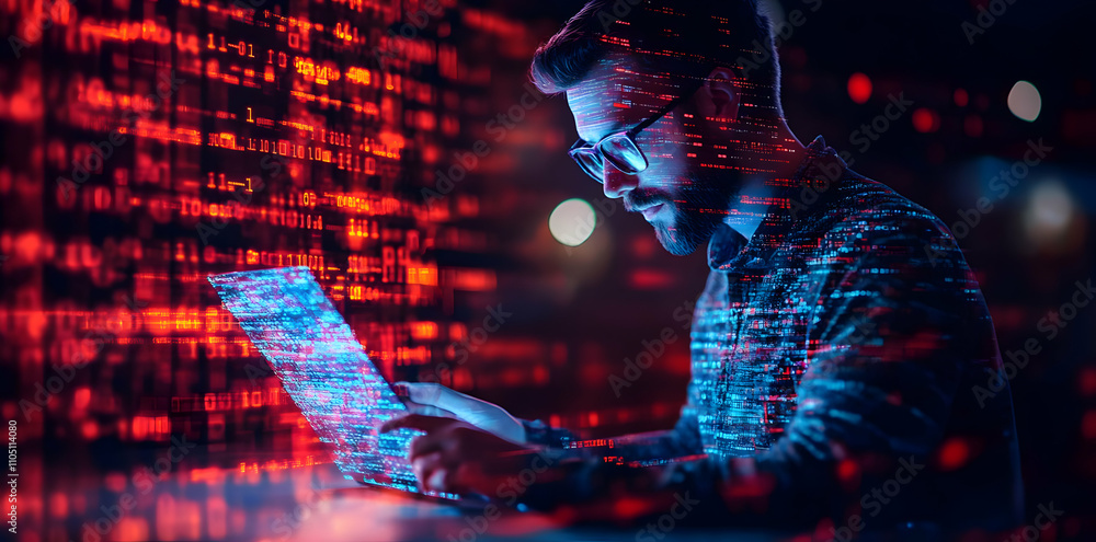 Poster A focused individual working on a laptop surrounded by digital data streams.