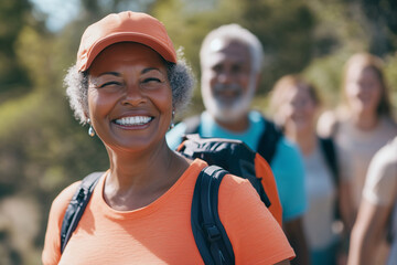 Fototapeta premium woman with a backpack and a man with a backpack are smiling. The woman is wearing an orange shirt and the man is wearing a blue shirt. The group of people are all smiling