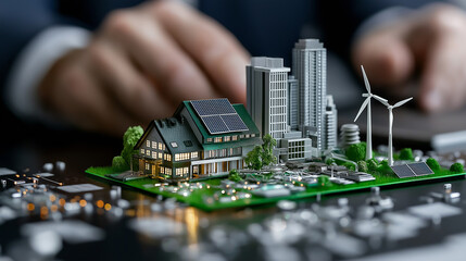 Obraz premium futuristic green building model with renewable energy features