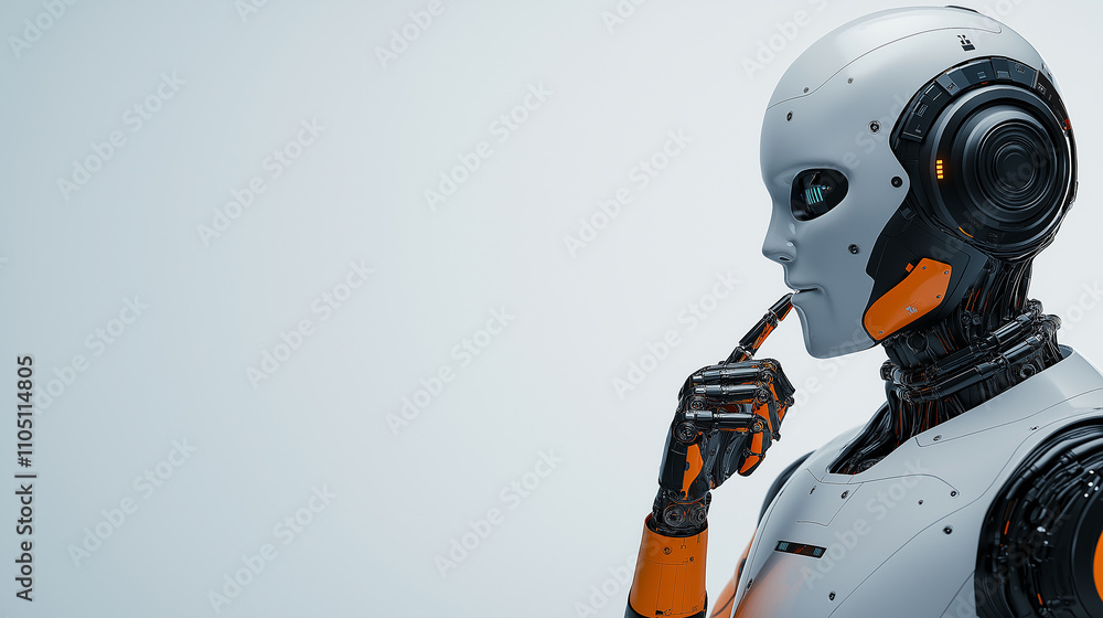 Poster futuristic robot with thoughtful expression, showcasing advanced technology