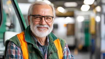 Fototapeta premium Senior Worker Portrait Industrial Setting Happy Mature Man