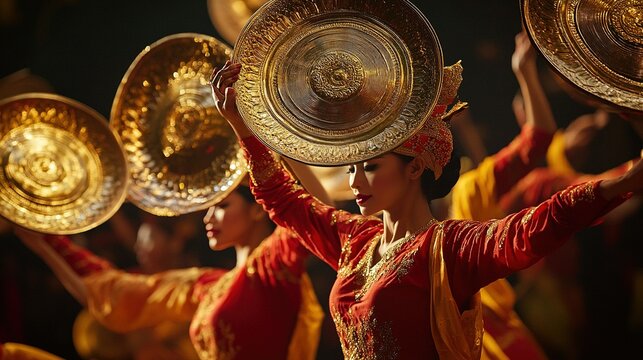 Dancers in flowing traditional Minangkabau attire, gracefully performing Tari Piring, balancing glimmering plates on their hands while swirling in precise, captivating movements. 