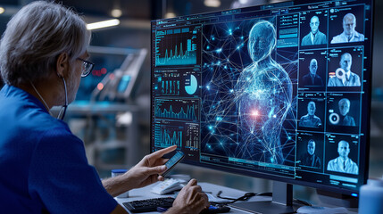 health professional analyzing telemedicine data on large screen