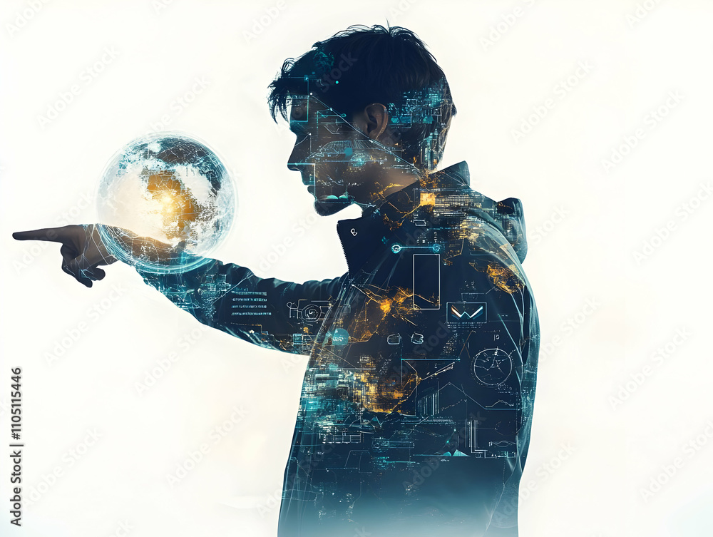 Poster a silhouette of a person pointing, overlaid with digital graphics of the earth and technology.