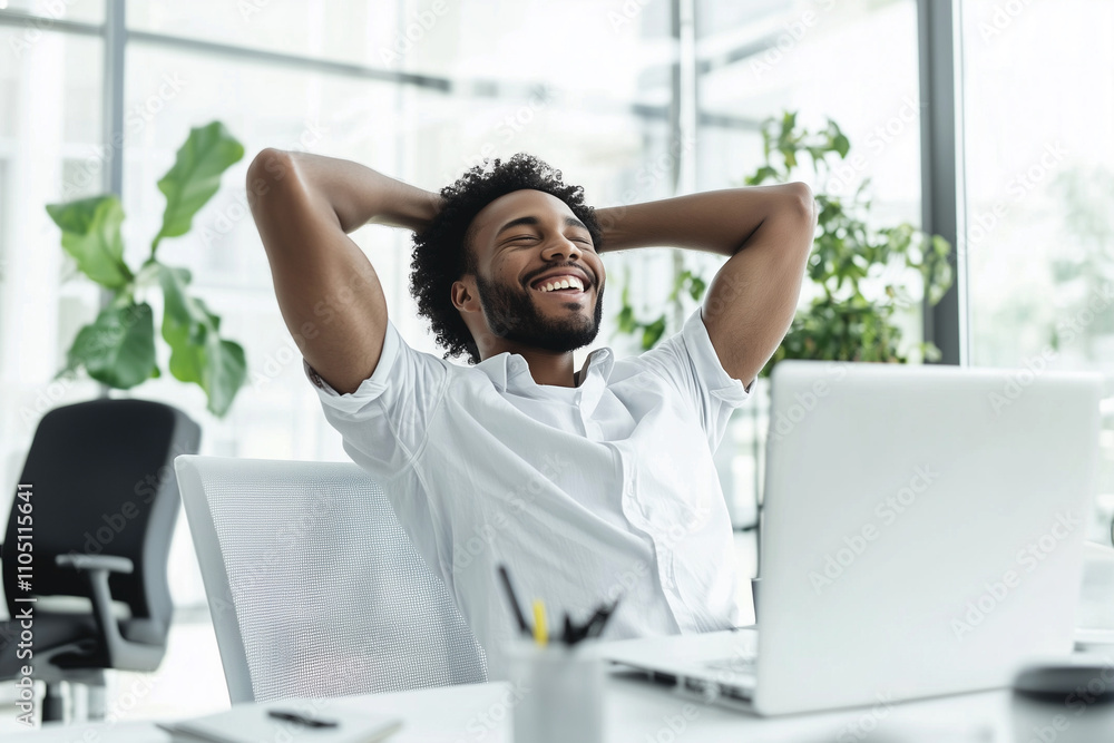 Poster man is sitting at a desk with a laptop and smiling. he is relaxed and enjoying his time