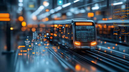 futuristic transportation hub with sleek train and digital displays
