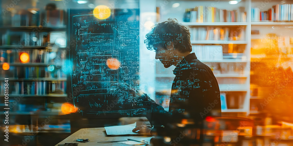 Poster A person studying amidst digital data visuals in a library setting.