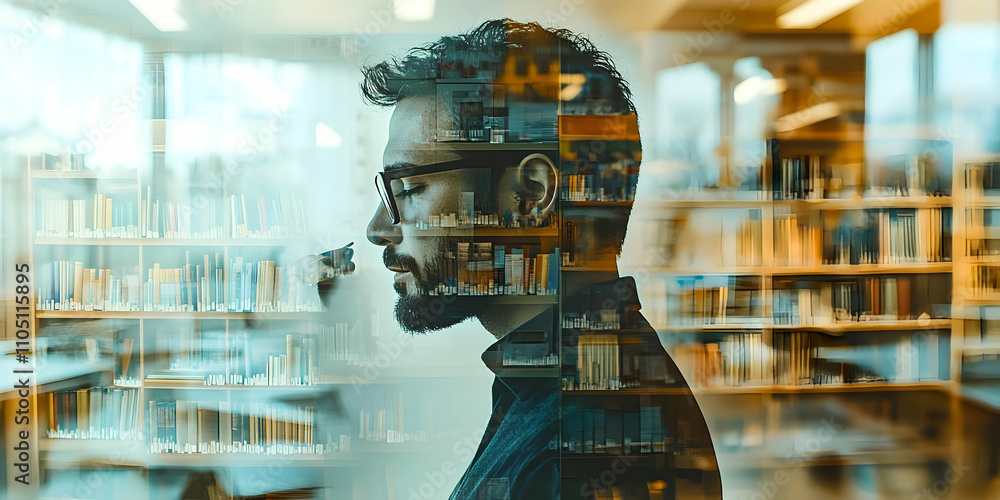 Poster a contemplative individual stands in a library, reflecting on knowledge and learning.