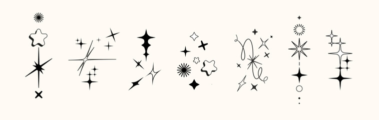 Y2k style Twinkle star figures, tattoo bling shapes. Magical sparkle flash, shiny shine. The fireworks flicker, blink, the figures sparkle and glow.