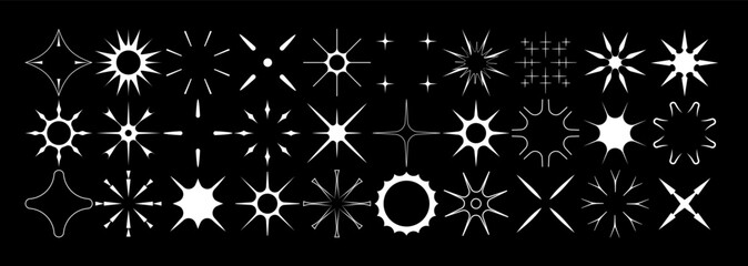 Y2k korean style star shapes. Fireworks icon set. Magical sparkle flash, shiny shine. The fireworks flicker, blink, the figures sparkle and glow.