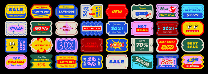 Big set of price tag and sale stickers. Label coupon in brutalism and modern y2k style. Sale promotion labels, black friday, 11.11.11, cyber monday. Perfect for retail marketing and special offers