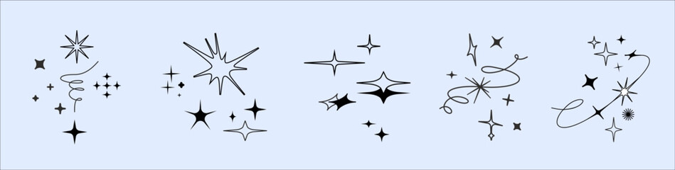 Y2k style Twinkle star figures, tattoo bling shapes. Magical sparkle flash, shiny shine. The fireworks flicker, blink, the figures sparkle and glow.