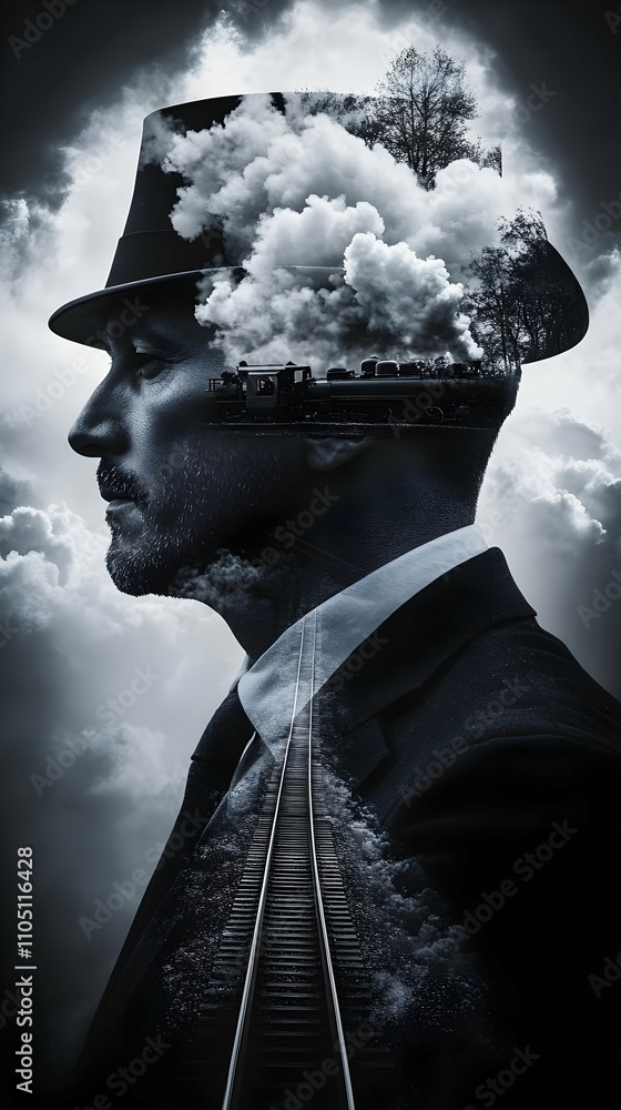Poster A surreal portrait of a man with a landscape and clouds emerging from his head.