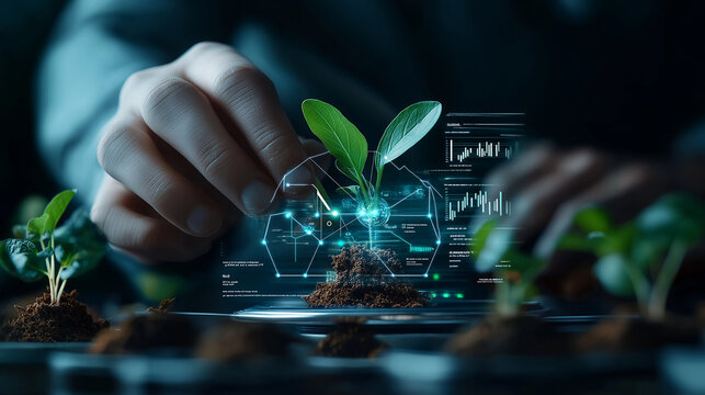 Innovative technology in agriculture with hand nurturing plants