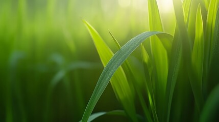 Dewdrops on Lush Green Grass Blades at Sunrise