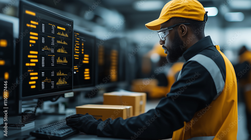 Poster Efficient warehouse worker analyzing data on computer screens