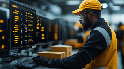 Efficient warehouse worker analyzing data on computer screens