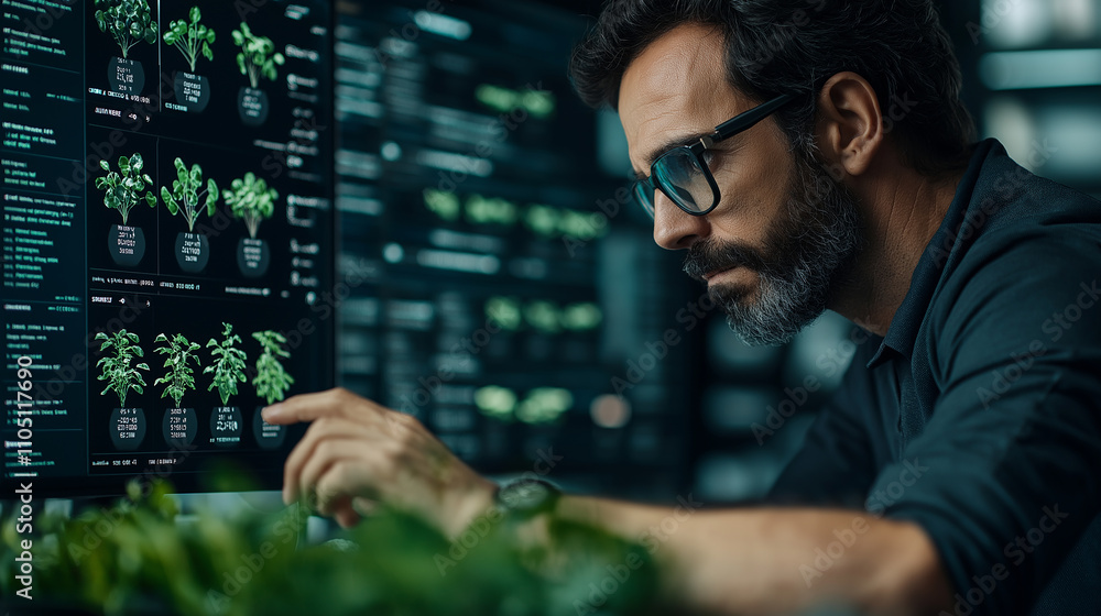 Poster focused man analyzing plant data on digital screen in lab