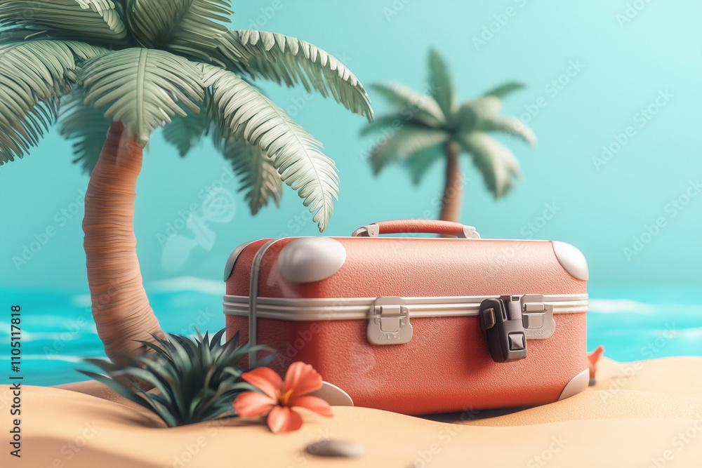 Poster suitcase is on the beach next to a palm tree. the scene is bright and cheerful, with the suitcase an