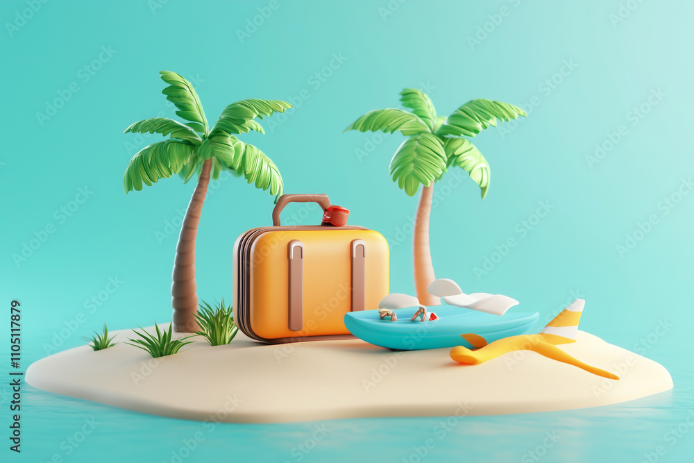 Poster suitcase is on the beach next to a palm tree. the scene is bright and cheerful, with the suitcase an
