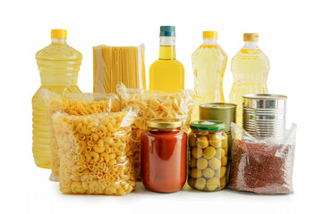 Foodstuffs collection isolated on white background  for donation to help people.