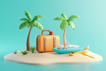 Obraz premium suitcase is on the beach next to a palm tree. The scene is bright and cheerful, with the suitcase and palm tree creating a sense of adventure and excitement