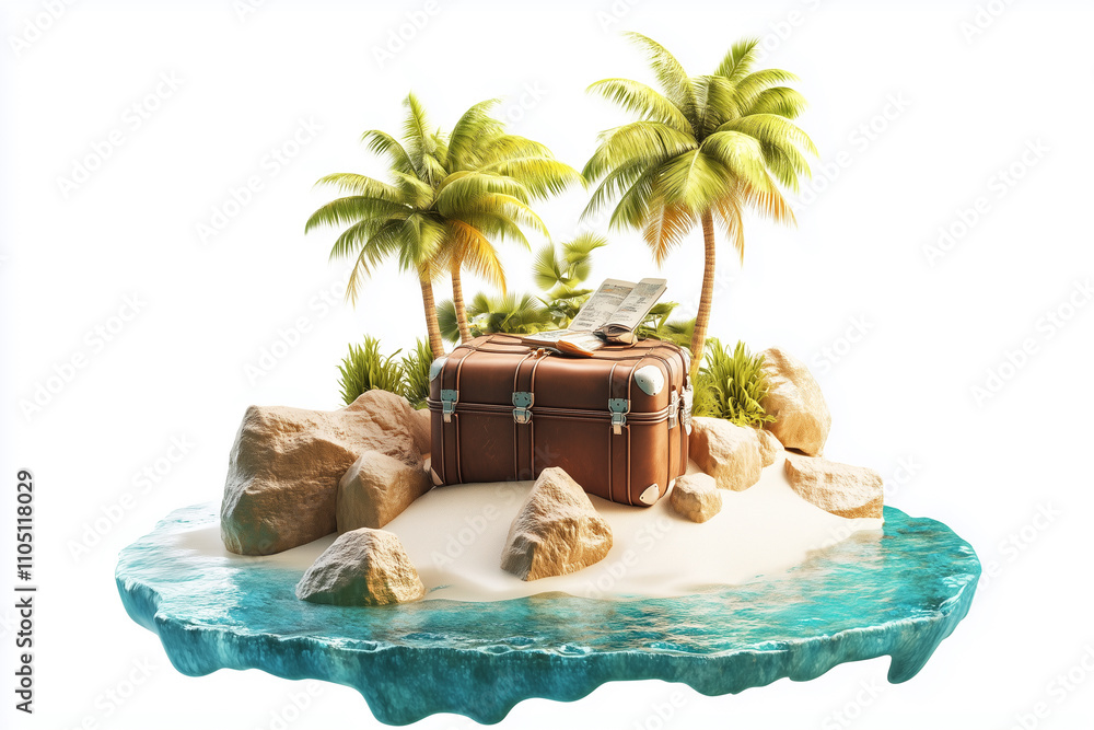 Poster suitcase is on the beach next to a palm tree. the scene is bright and cheerful, with the suitcase an
