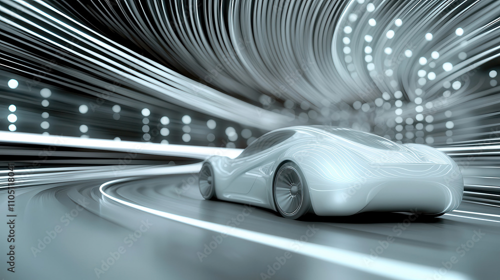 Poster futuristic car on glowing track, showcasing sleek design and motion. dynamic lines create sense of s