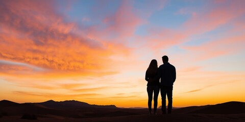 Fototapeta premium A couple admiring the sunset over a desert landscape in Morocco, with their silhouettes framed against the golden dunes