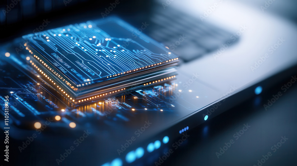 Poster high tech microprocessor on laptop circuit board, showcasing advanced technology and innovation. int