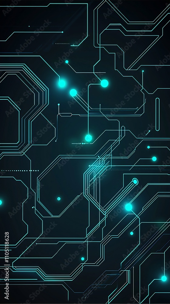 Poster futuristic glowing digital circuit pattern with geometric lines and shapes in neon blue and green to