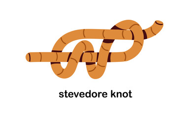 Stevedore knot, strong stopper. Tying rope, sturdy binding method forming secure bend. String connection, stopping cord, linking. Flat graphic vector illustration isolated on white background