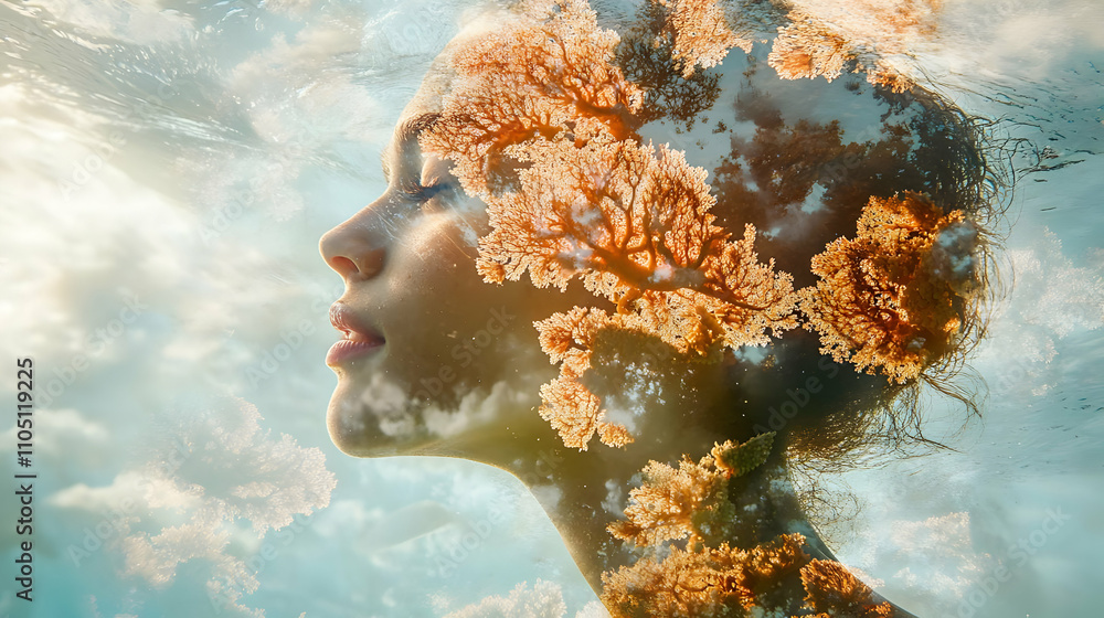 Poster a surreal image of a woman's profile intertwined with trees and clouds, symbolizing nature.