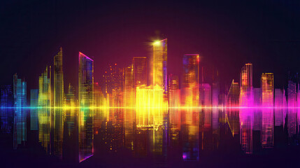 Obraz premium vibrant futuristic cityscape with colorful holographic projections reflecting in water, showcasing modern architecture and bright lights