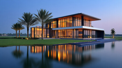 Obraz premium Modern glass house with palm trees reflecting in tranquil lake at sunset, showcasing blend of palm green and ocean blue hues. serene atmosphere enhances architectural elegance