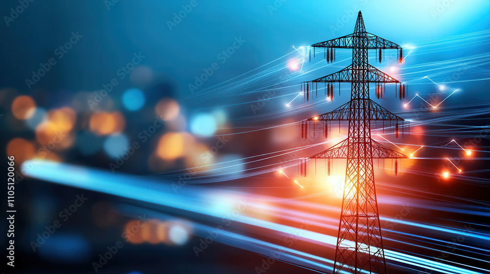 Poster high tech energy grid with integrated systems and glowing power lines