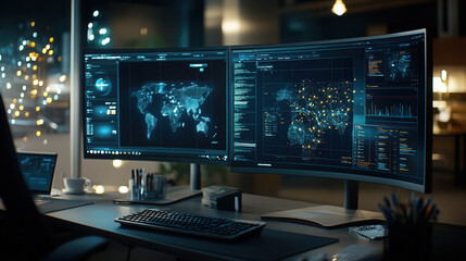 network of smart devices displays global data analytics on dual monitors, showcasing interconnected systems and real time information. modern workspace is illuminated, creating dynamic atmosphere