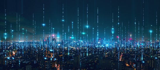 Obraz premium Digital Rain Over a Nighttime Cityscape