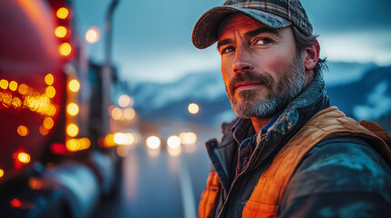 Caucasian truck driver with beard at dusk on highway, wearing cap and vest