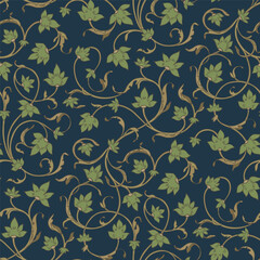 Dark seamless pattern. Intertwining vine with green leaves. © mrs.kato