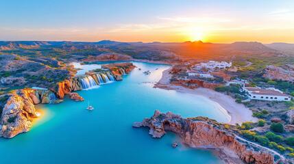 breathtaking coastal landscape at sunset features serene beach, cascading waterfall, and vibrant blue waters, creating tranquil and picturesque scene